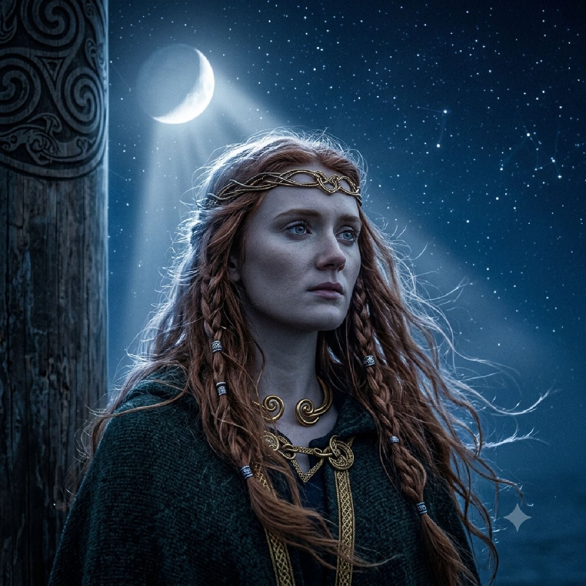 Celtic princess standing in the moonlight