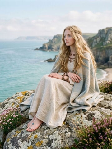 Celtic princess sitting on rock looking out to sea