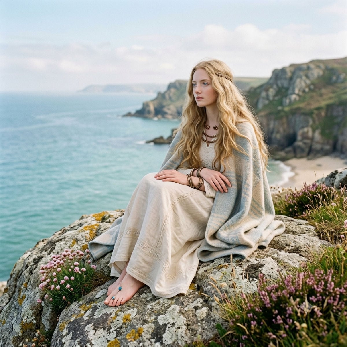 Celtic princess sitting on rock looking out to sea