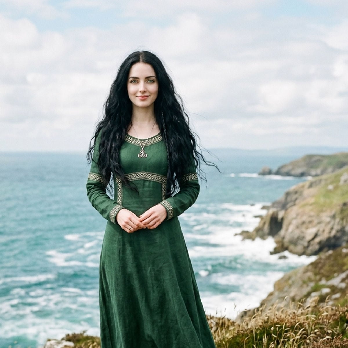 Celtic princess standing by sea