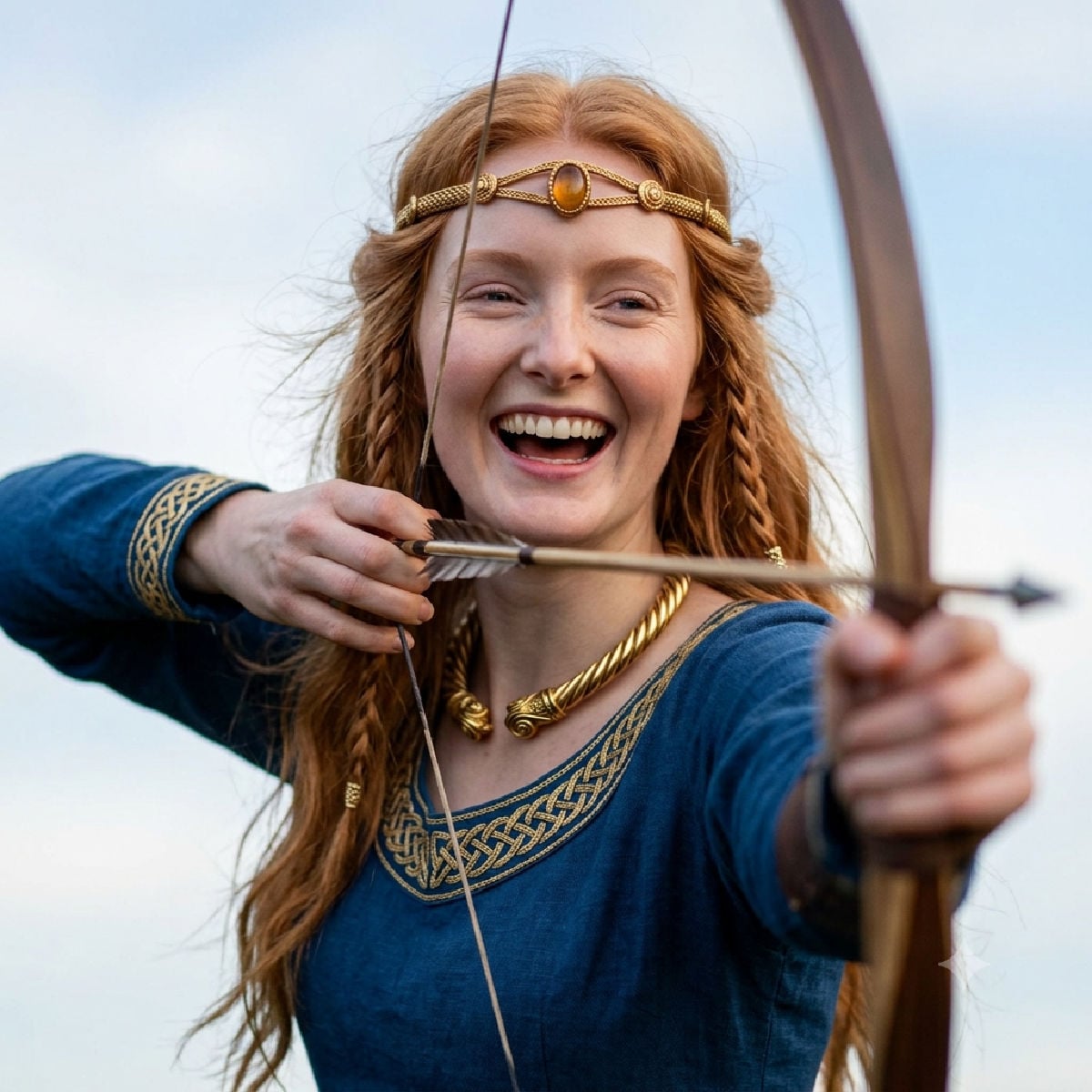 A Celtic princess shooting a bow and arrow