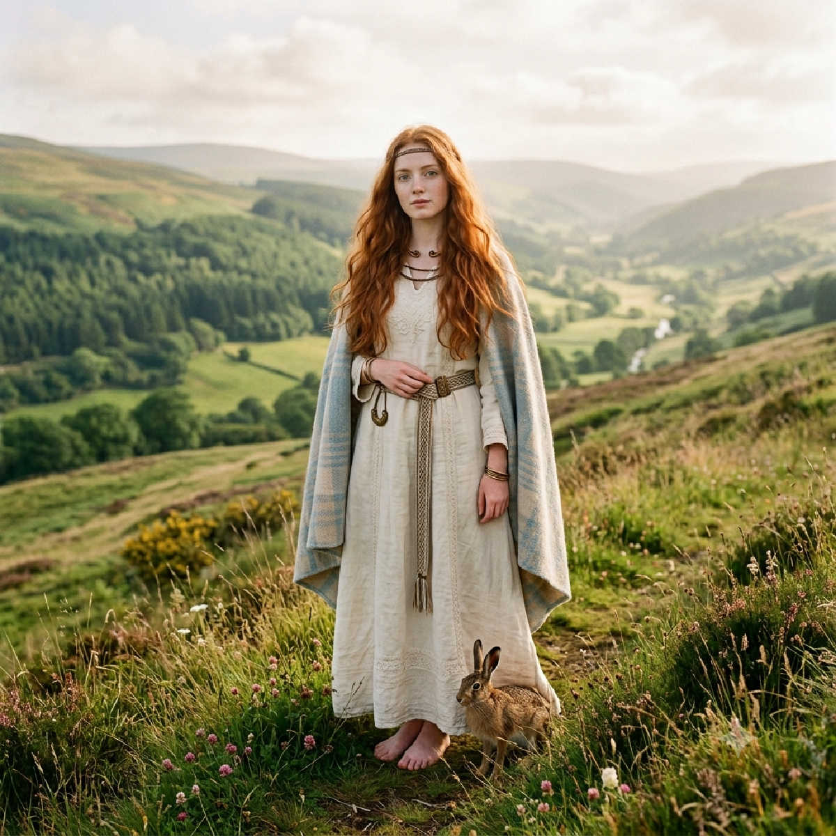 Welsh princess standing with a hare in Welsh valley