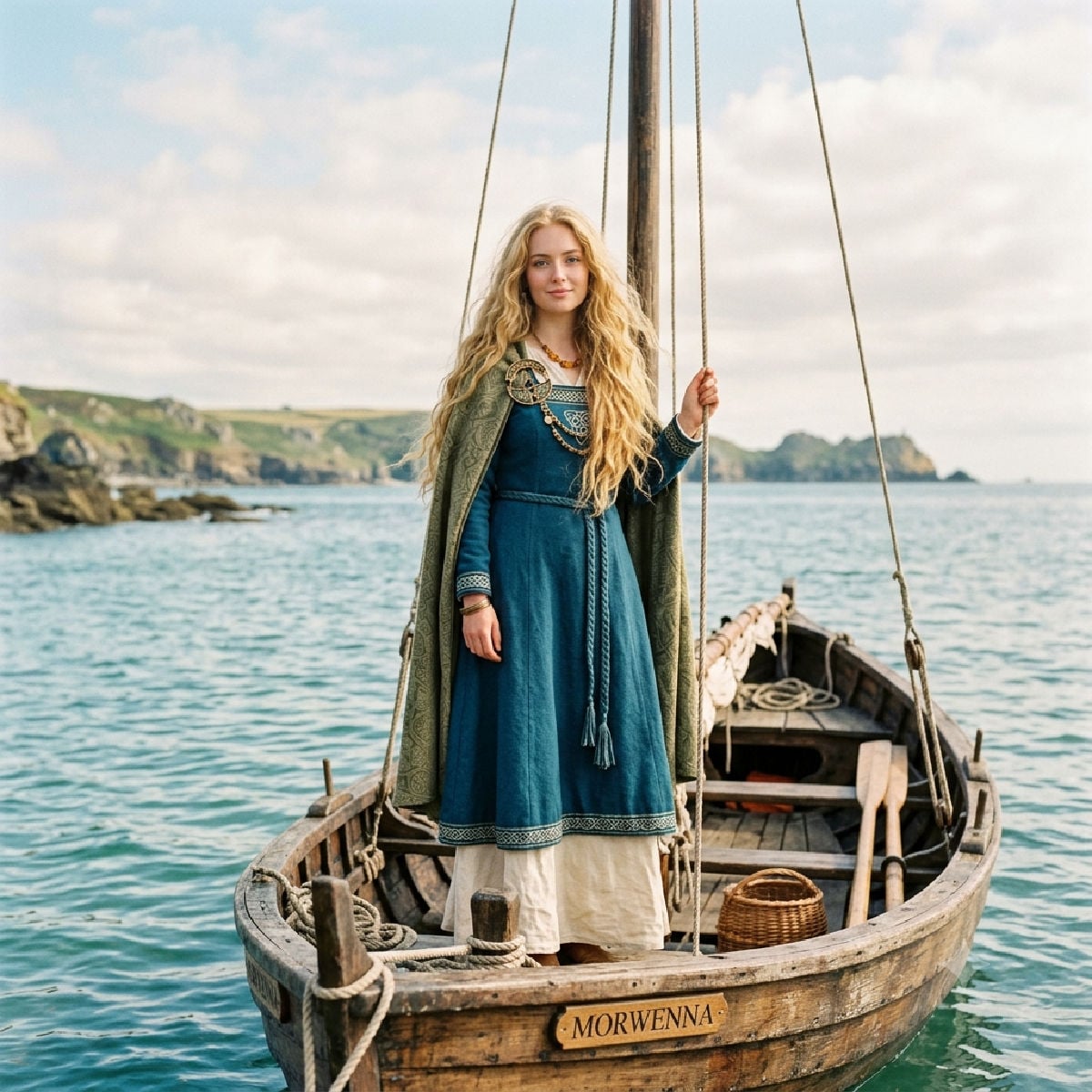Celtic princess standing on a small boat on the Cornish coast