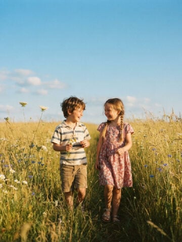 Girl and boy walking in a meadow