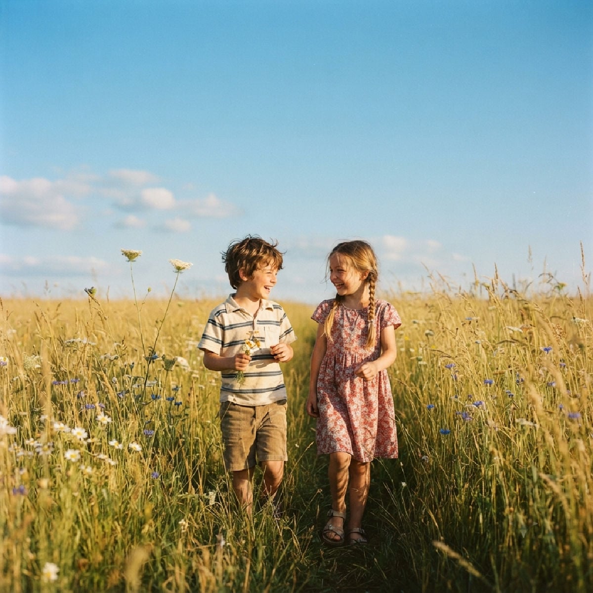 Girl and boy walking in a meadow