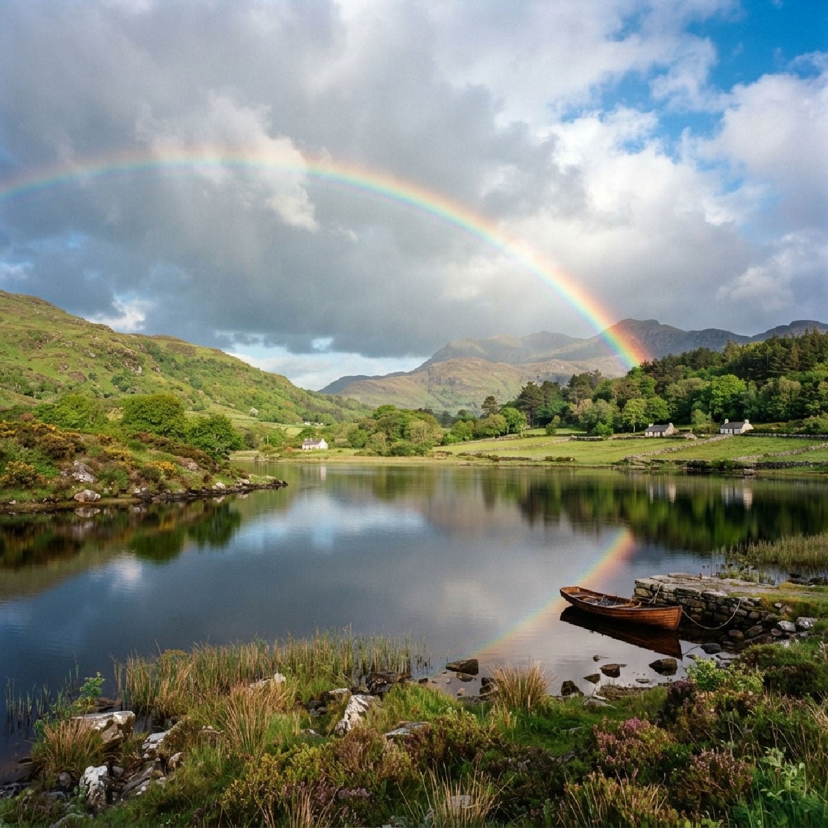Rainbow over an Irish lake.