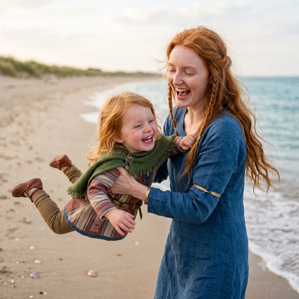 Mythic Celtic woman swinging a baby on a beach