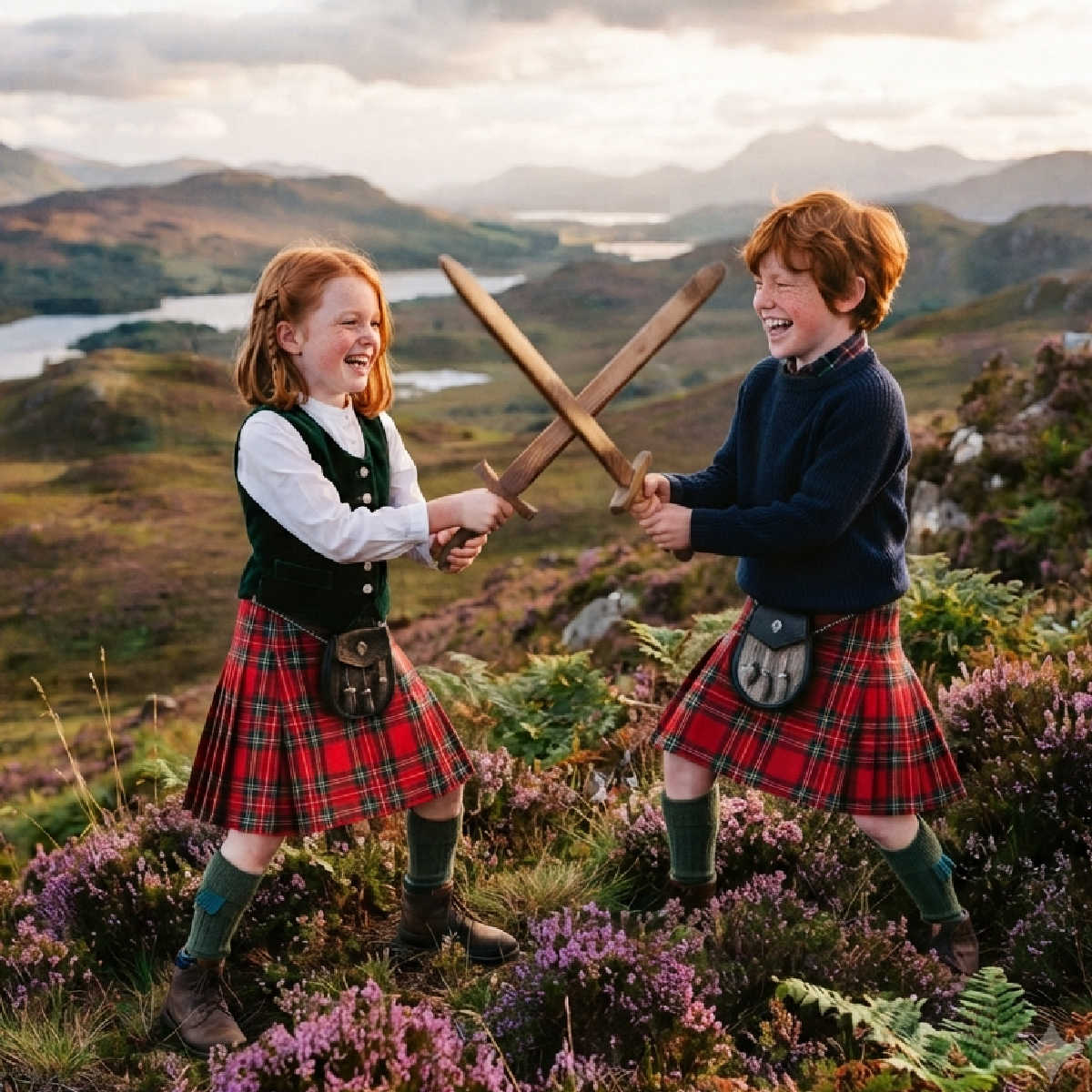 Scottish kilt wearing boy and girl pretend fighting in Scottish highlands with wooden swords.