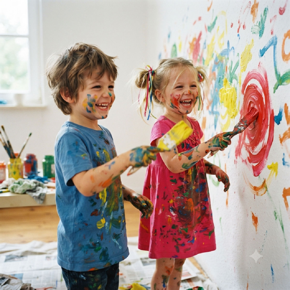 Young boy and girls painting bright colours on a wall