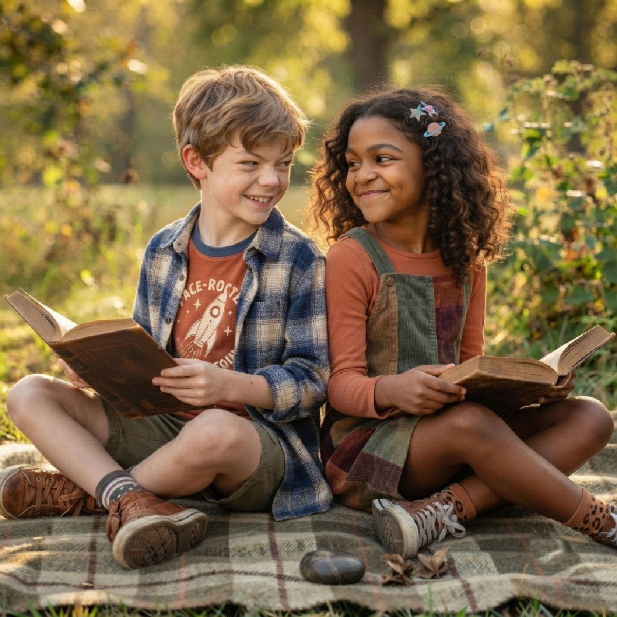 Boy and girl siting reading books outdoors