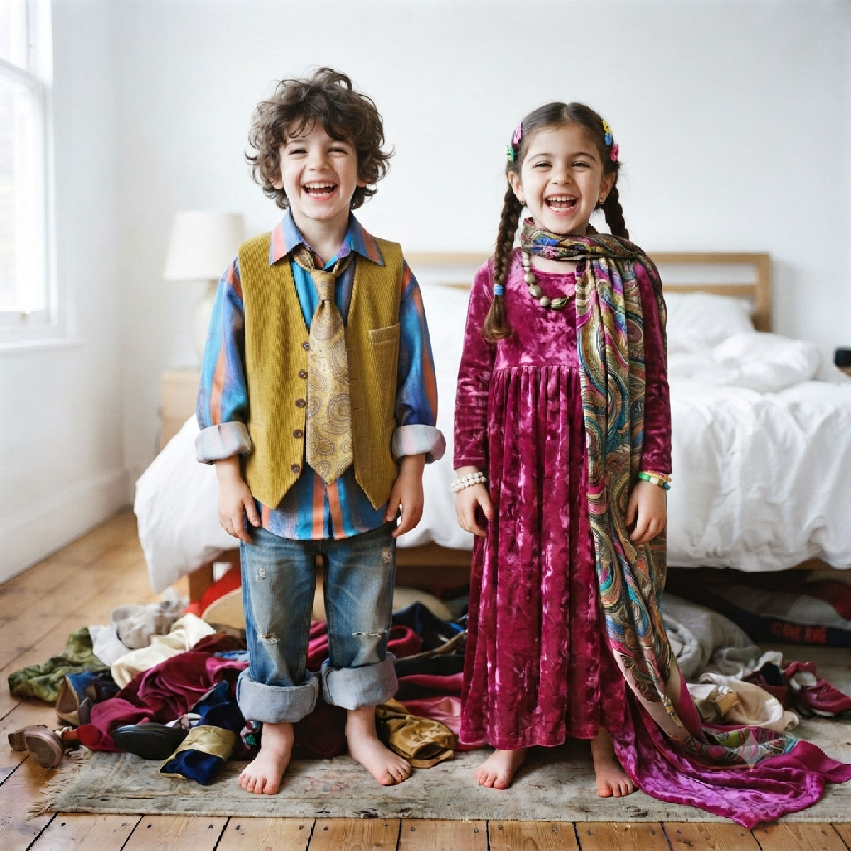Boy and girl dressing up in parents clothes