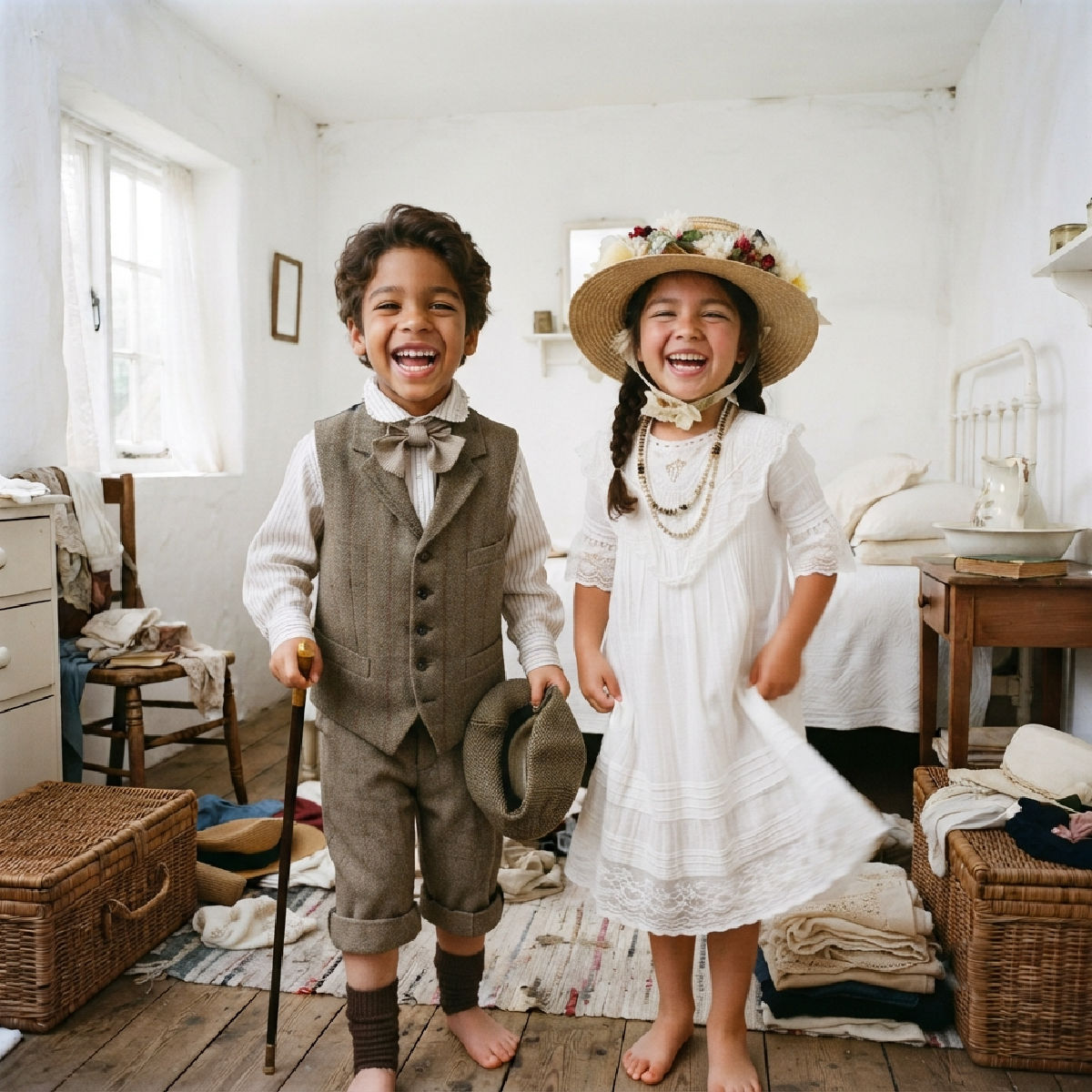 Young boy and girl wearing vintage Edwardian clothes in a vintage bedroom