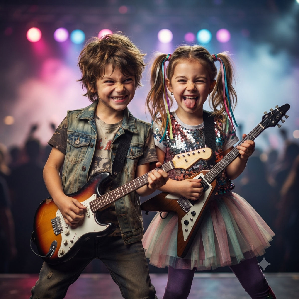 Boy and girl pretending to be rock stars.