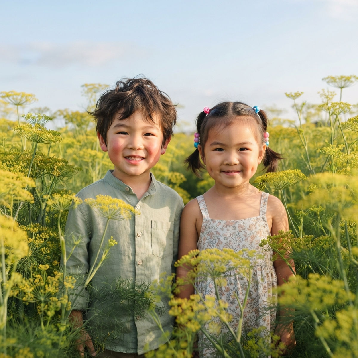 Young girl and boy standing amongst fennel flowers