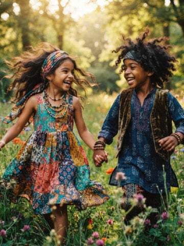 Boy and girl running through field of flowers