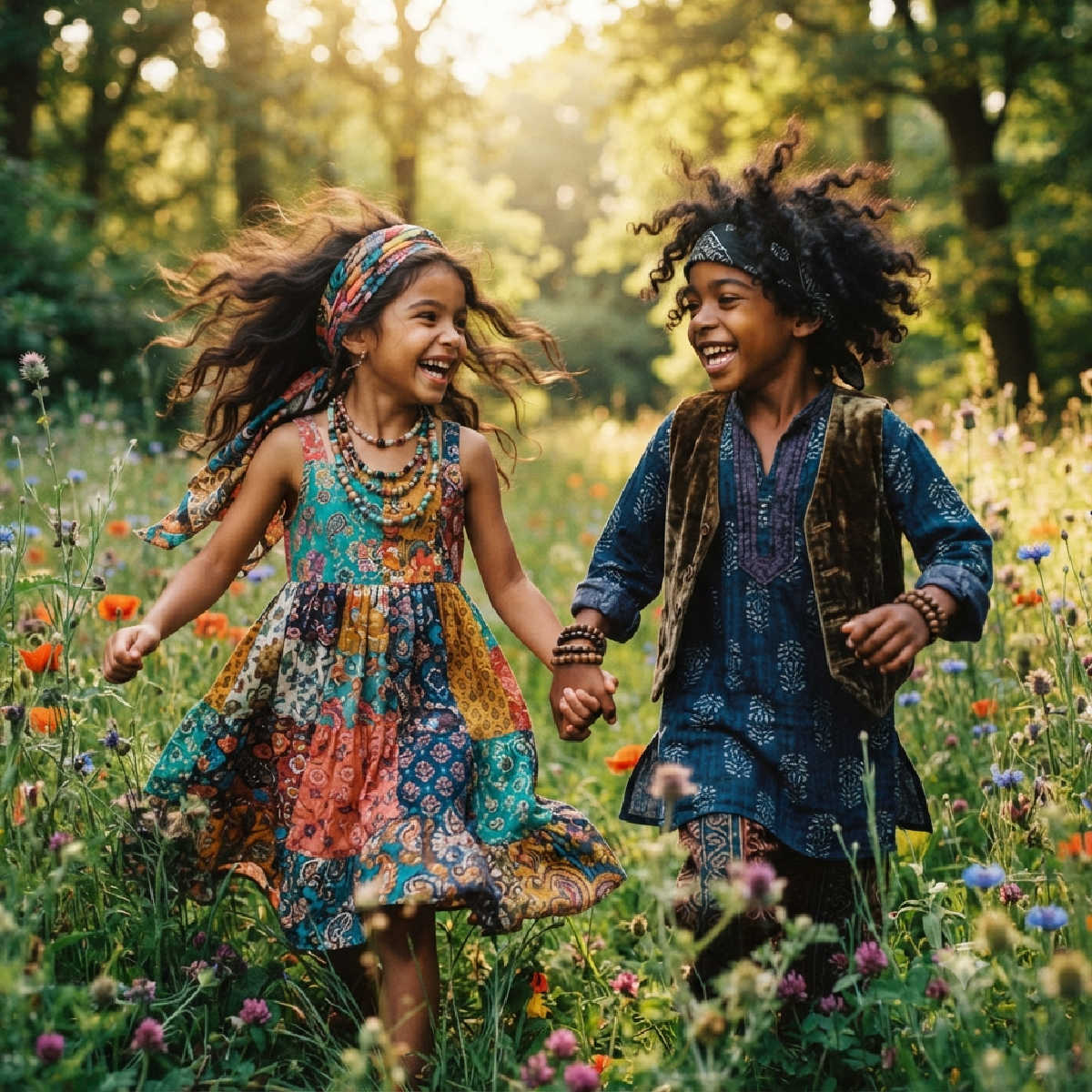 Boy and girl running through field of flowers