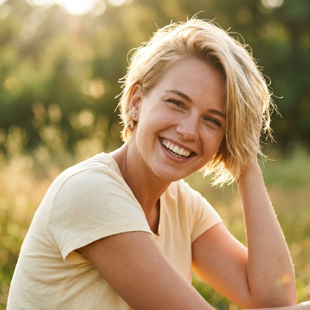 Young smiling woman outdoors in the sunshine