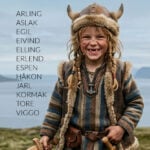 Young boy dressed as a viking with infographic about Norse names for baby boys and characters