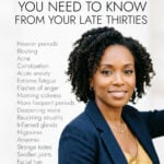 Stylish woman in her late 30s with infographic on perimenopause