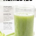 Glass of celery juice on kitchen worktop with infographic on stomach ache remedies