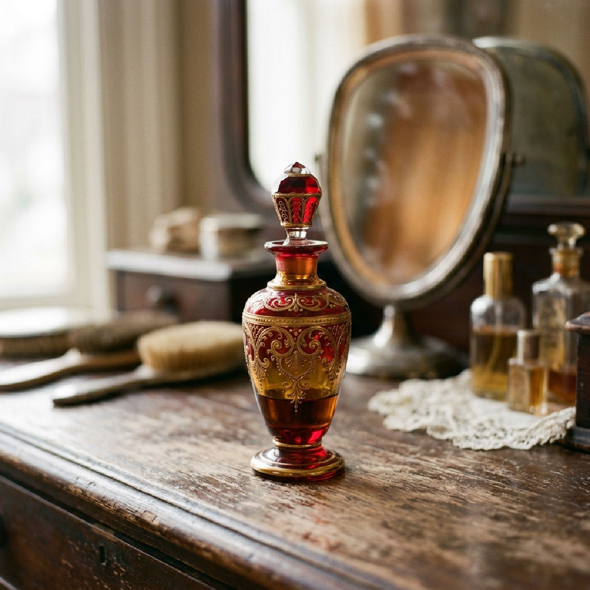 Vintage fragrance bottle on a dressing table