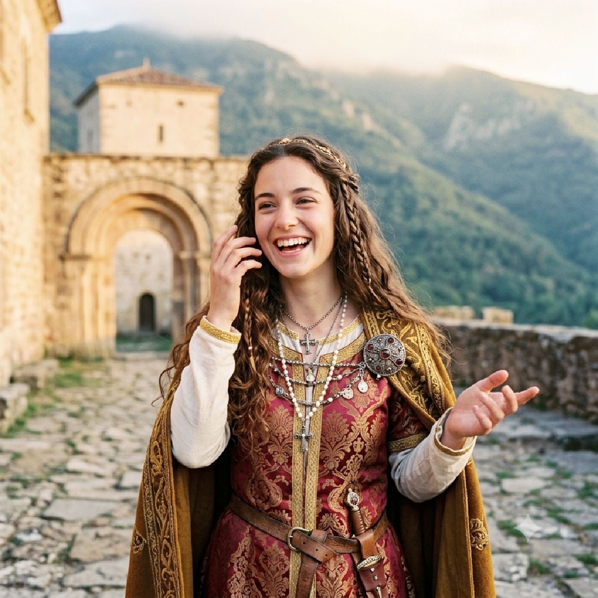Laughing Spanish princess in medieval dress