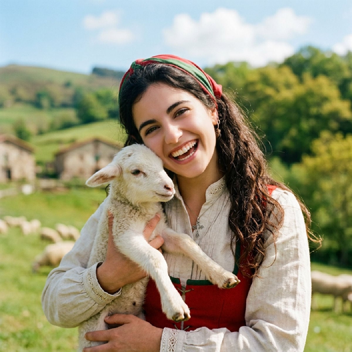 A Spanish girl from the Basque region wearing traditional dress and holding a lamb.
