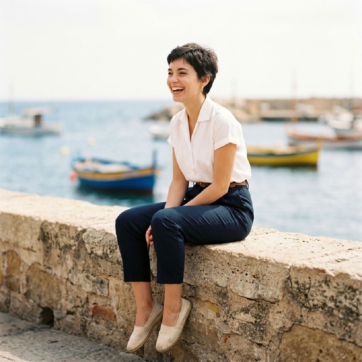 Young Spanish woman sitting by the sea in a fishing village.