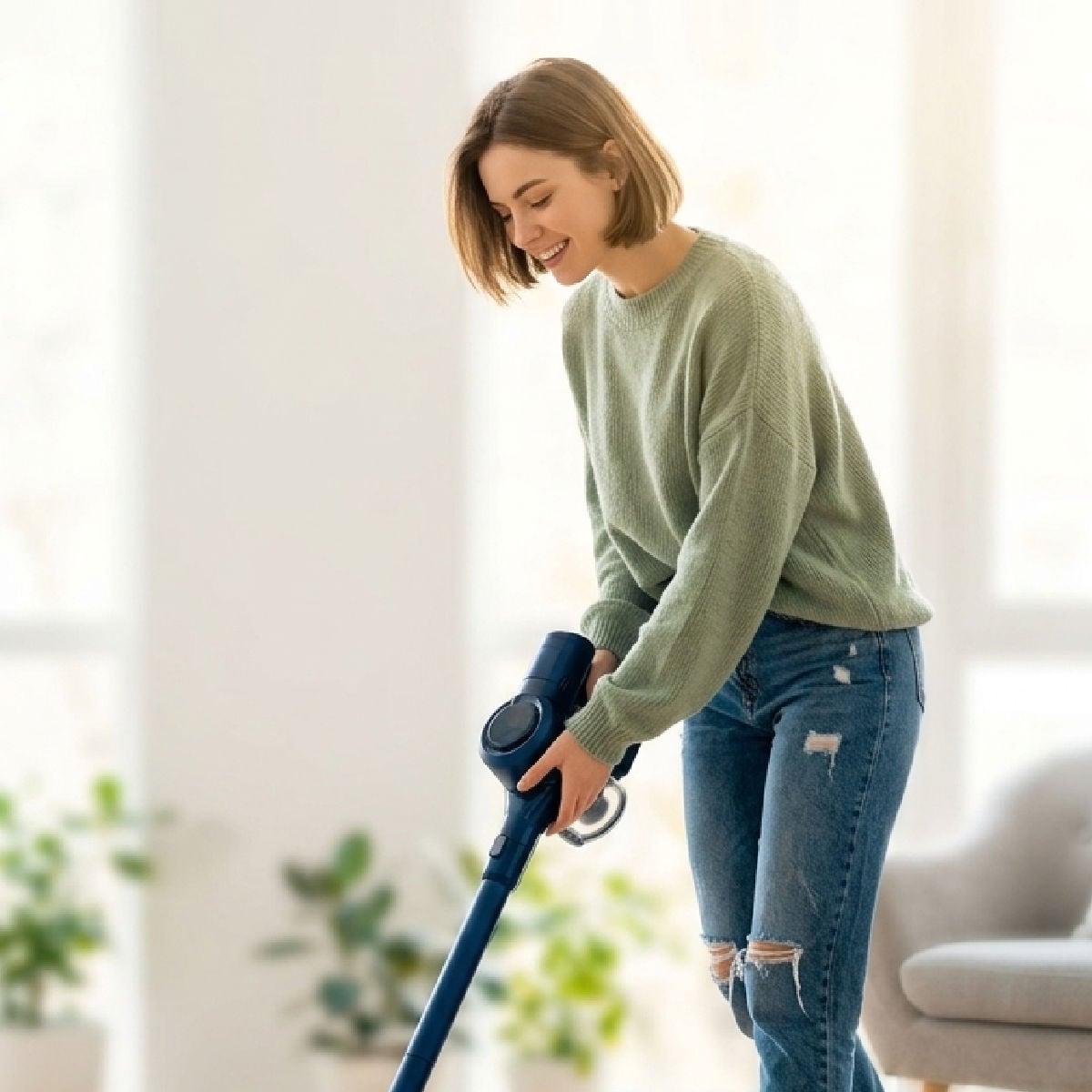 A young woman vacuuming