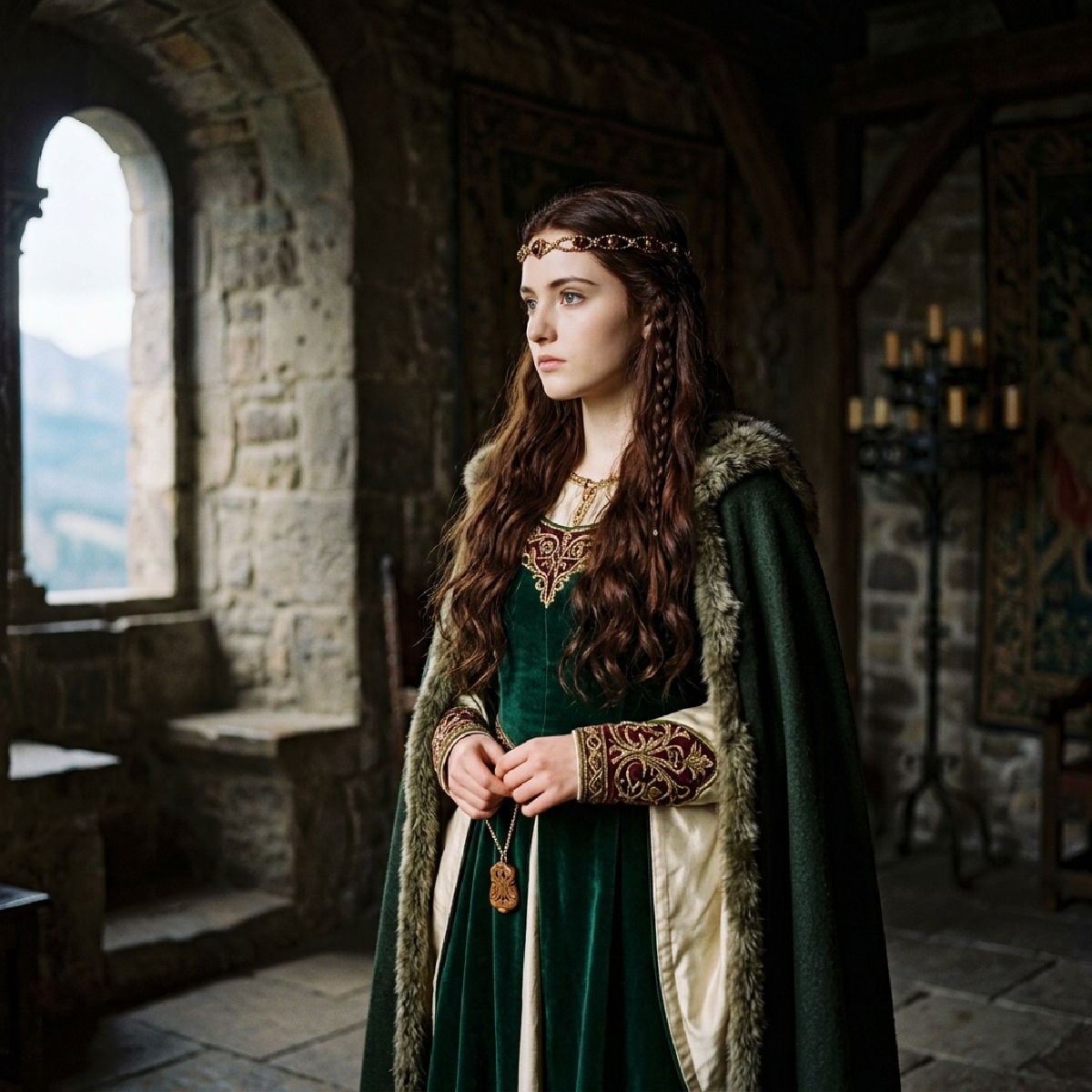 Spanish princess of the northern Kingdoms standing inside a castle