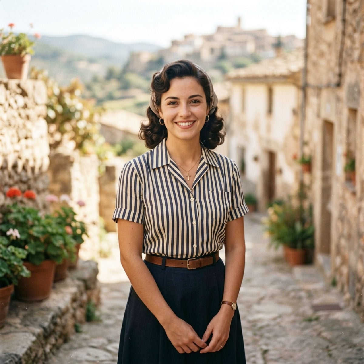 Vintage style photo of a young Spanish woman in a village in Spain in the 1940s