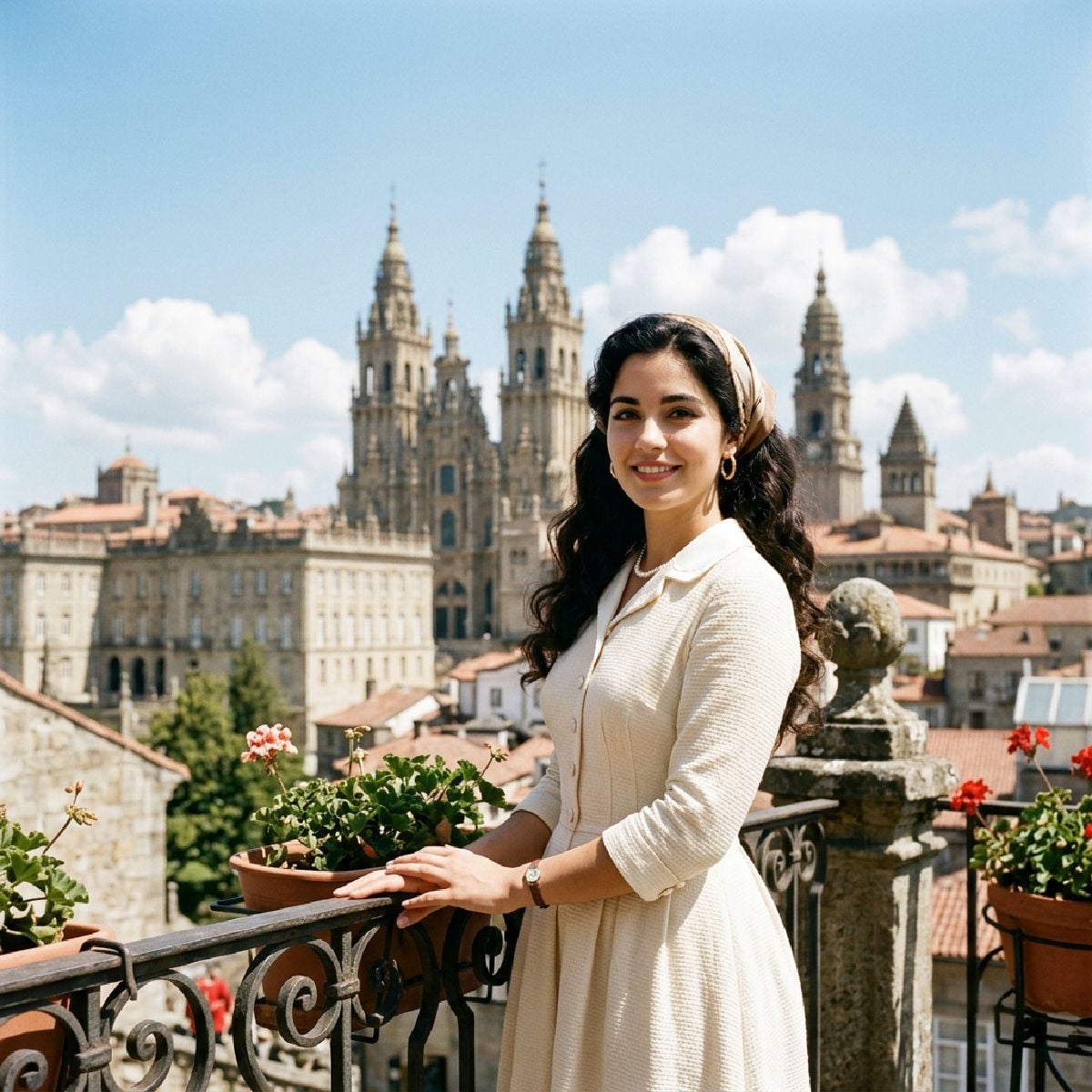 Young Spanish woman from the 1950s standing in front of Santiago de Compostela.