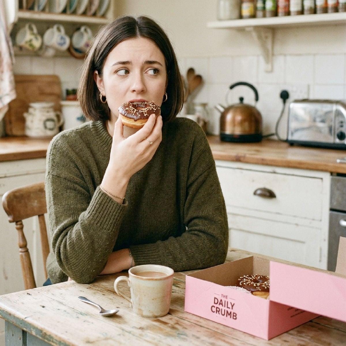 Young woman eating a doughnut at a kitchen table