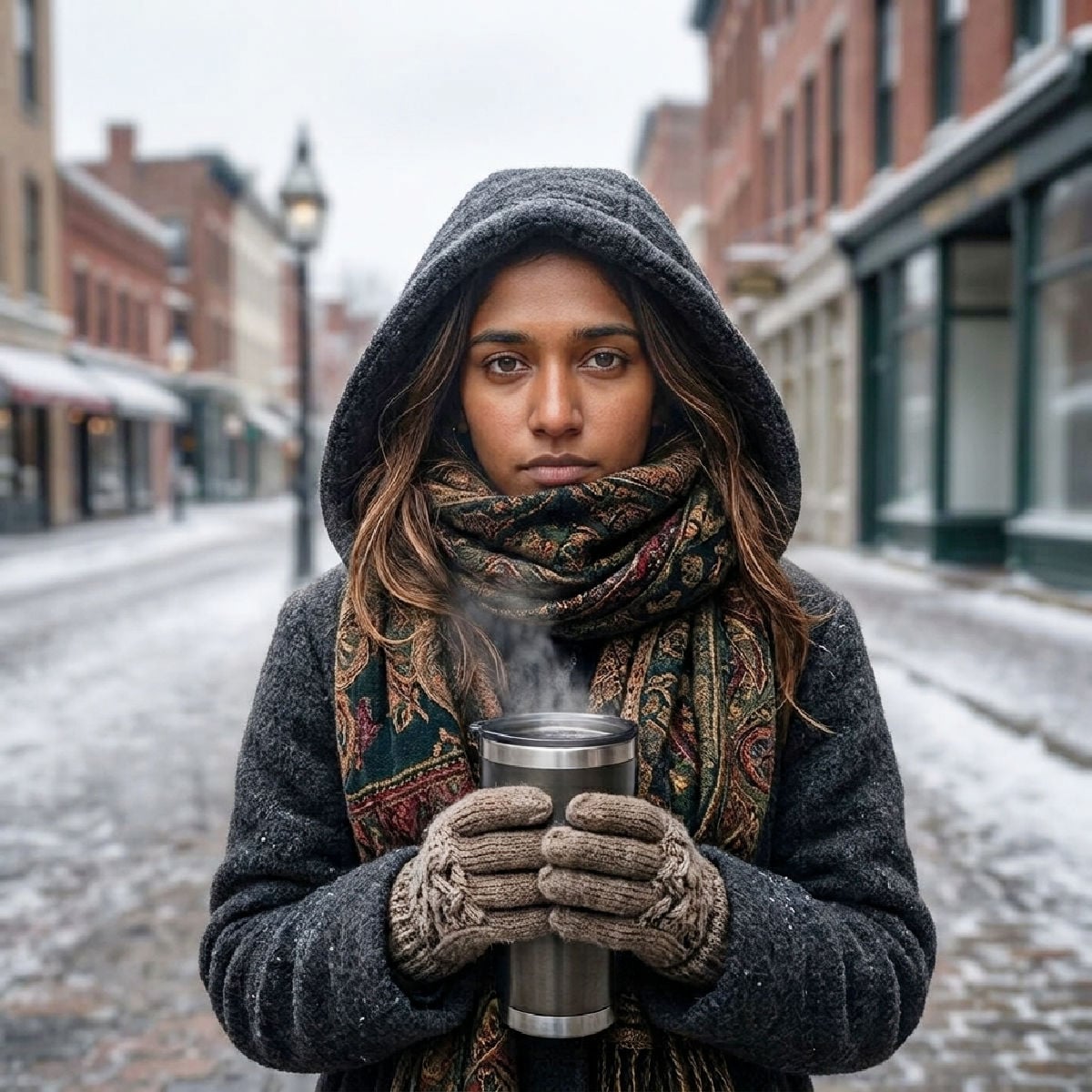 Young woman wrapped up outdoors on a cold winters day