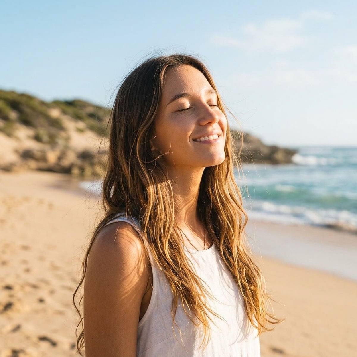 Young woman standing on beach in gentle sunshine