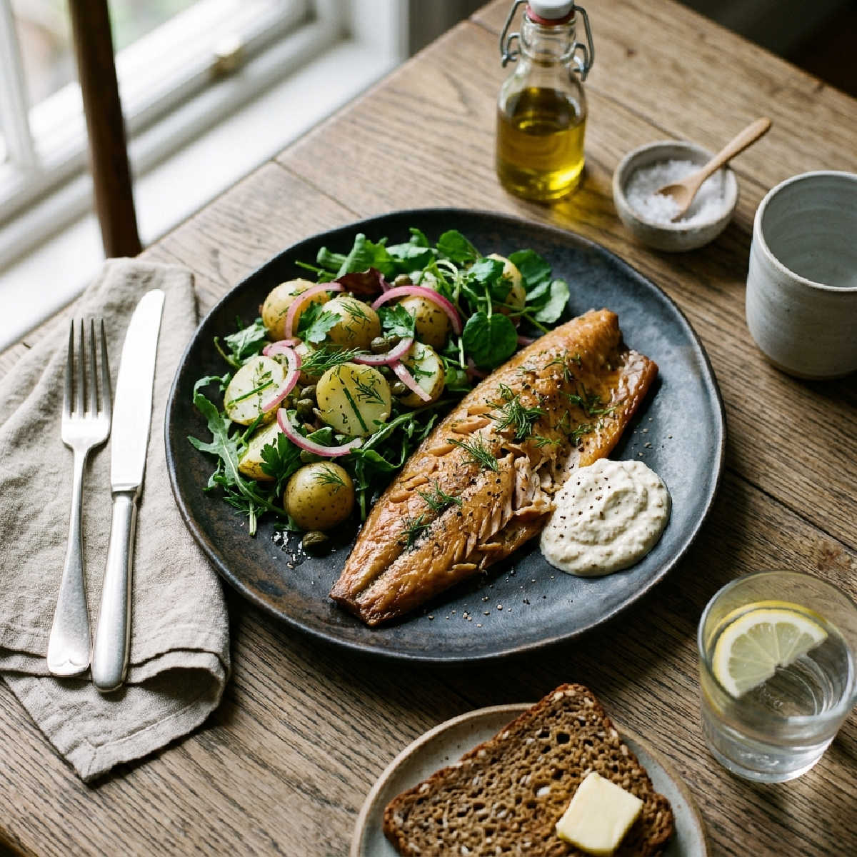 Smoked mackerel served on a dark plate with a potato salad