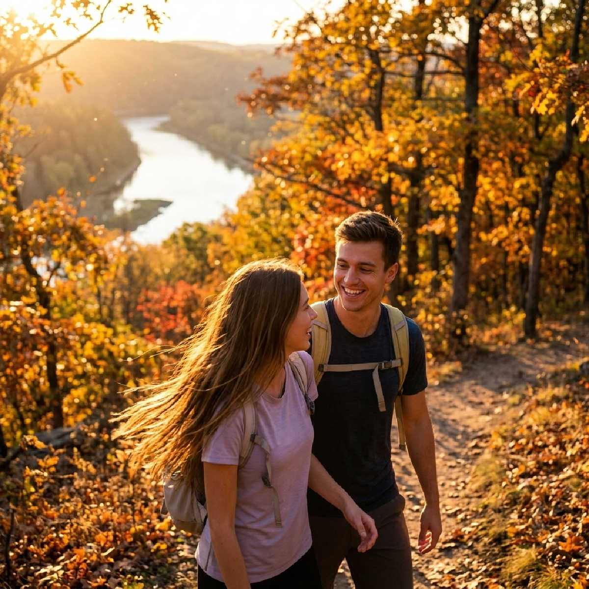 Young man and woman hiking in autumn sunshine