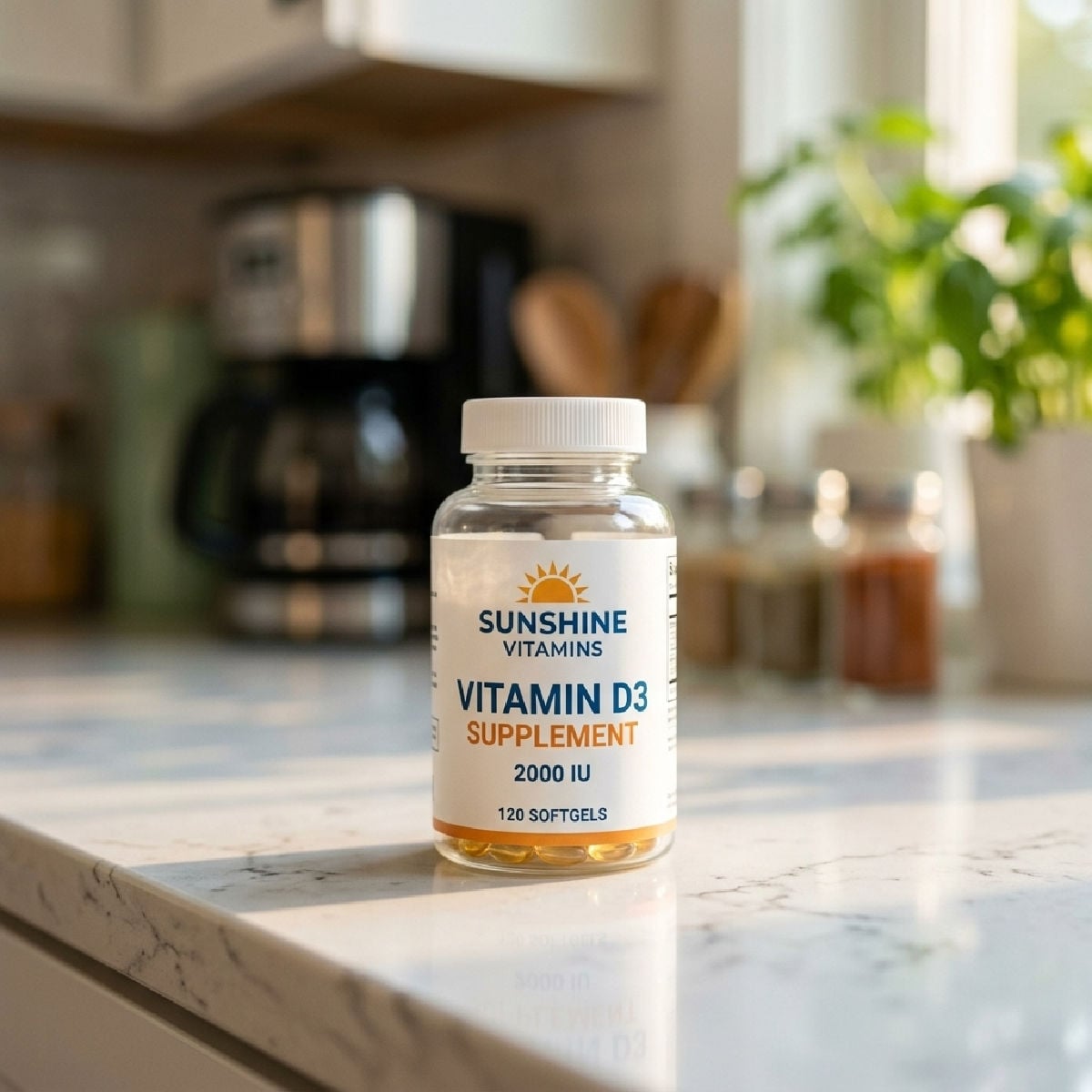 A pot of vitamin D supplements on a kitchen counter
